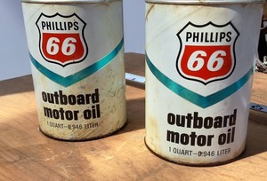 Lot of (2) Vintage Quart Size Phillipps 66 Outboard Oil Cans � FULL