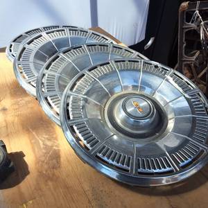 Lot of (4) Vintage Chrome Hub Caps with Logo  14 inch diameter inside