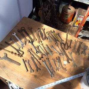 Large lot of vintage wrenches and misc tools, includes Miller Lite metal carrying pail