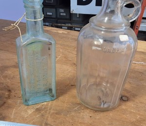 Lot of (2) Vintage bottles Dr. Kings New Discovery for coughs and 1 Pint Syrup Decanter
