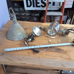 Lot of (2) Vintage Spotlights and a light in an oil funnel