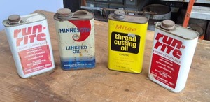 Lot of (4) Unique Pint size containers with original contents  Run Rite  Mn Linseed
