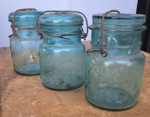 Vintage Blue Ball Jars (3) total Pint size with glass locking lids