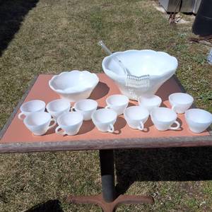Vintage Milk White Glass Punch Bowl Set with one dozen cups, 2 bowls