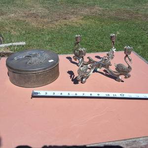 4 Candlestick Swan Centerpiece and Unique metal Muskie tin