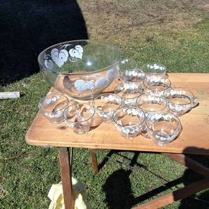 Large lot of 12 glass cups with matching punch bowl