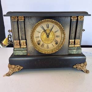 Vintage Ornate Mantel Alarm Clock with Key - Real Wood