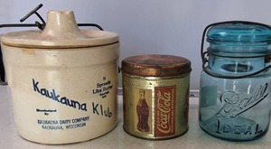 Lot of (3) Vintage Containers Coke Tin, Blue Glass Ball Ideal (wglass lid) and Old Kaukauna Cheese Crock
