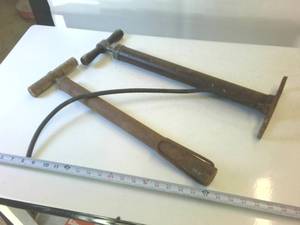 Two Vintage Bike Air Pumps with wooden handles