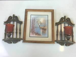 Framed Duck Print from 1982 and a set of faux wood wall hanging candle holders