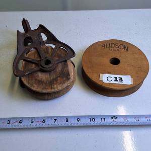 HUDSON wooden wheel and Antique Cast Iron with wood that swivels
