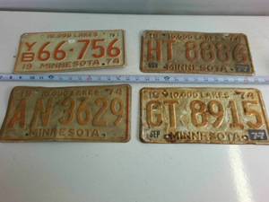 Lot of (4) Embossed Minnesota License Plates (Rare red color) 1970s