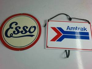 Vintage Style Esso Gas & Amtrak Railroad Heavy Metal Porcelain Sign Lot of (2)