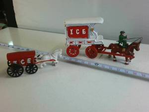 Vintage Cast Iron Horse-Drawn Ice Wagons Collectible Lot (2 Pieces - one large, one small)