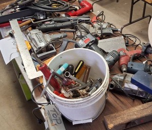 TOOLS MEGA LOT  Power tools, hand tools, garden tools, tool box, vintage iron, welding gloves, pipe cutters, wrenches, more