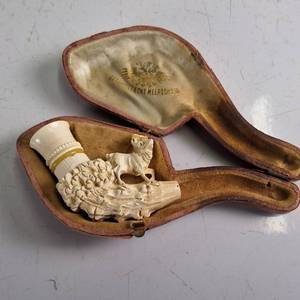Ornate hand carved vintage pipe -  handmade meerschaum tobacco pipe featuring intricate relief carving of a deer or stag.