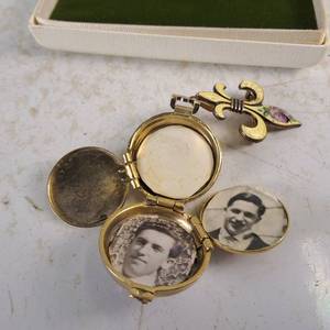 Vintage Victorian Enamel pocketwatch locket - 4 photos - hidden compartment - Antique Fleur de lis Brooch