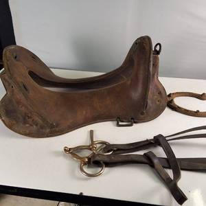 Unique Vintage Leather Saddle with hackamore and rusty shoe