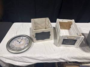 Decorative Crates & Wall Clock Lot