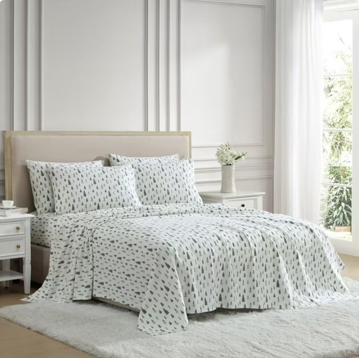 NEW Lenox Holiday Flannel Sheet Set - Pine Trees Green - KING