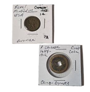 1-Chinese 1644-1912 from Qing dynasty Cash Coin and 1-Rare Minted in USA 1943 Curacao Bronze 1 cent Coin