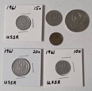 1969- 2 Kopek coin, 1961- 20 Kopek coin, 1961-10 Kopek Coin, 1961-15 Kopek Coin, 1961-20 Kopec Coin - (Coins from the Soviet Union (USSR) )  1870-1970 1 Ruble Coin of the Soviet Union - 100th Anniversary of the birth of Vladimir Lenin