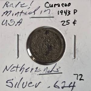 1943P 25 cent Netherlands - .624 Silver - Minted in USA