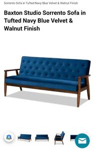 Sorrento Navy Blue Velvet Walnut Finished Wooden 3-seater Sofa
