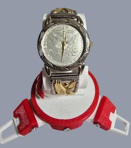 Gently Loved Kennedy Coin Style Watch  Gold & Silver Eagle Band  Unique Statement Piece