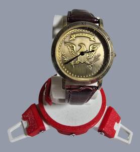 Gently Loved Eagle Coin Style Watch  Brown Leather Band  Classic Patriotic Design