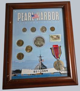 Stunning Pearl Harbor Tribute Collection – Silver Coins, WWII Medal, Stamp & Historic Display!