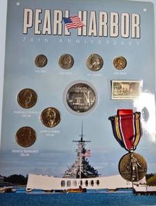 Stunning Pearl Harbor Tribute Collection – Silver Coins, WWII Medal, Stamp & Historic Display!