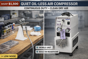 MSRP $1,500  TIMETER PCS 414 QUIET OIL-LESS AIR COMPRESSOR, MOBILE UNIT W BUILT-IN RESERVOIR, CLEAN DRY AIR SYSTEM FOR AIRBRUSH, DENTAL, LAB &amp PRECISION WORKSHOP USE, CONTINUOUS DUTY, WORKS GREAT