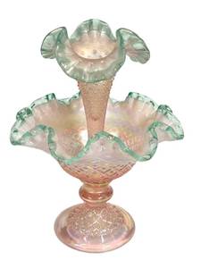 N1 - Fenton Diamond Lace Epergne - Pink Opalescent Glass with Teal Crest, 1948