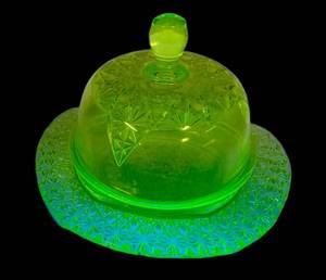M2 - Vintage Mosser Uranium Glass Butter Dish - Queens Pattern