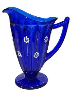 E1 - Fenton Vintage Deep Cobalt Blue Glass Pitcher - Hand Painted, Artist Signed