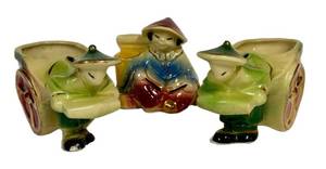 B2 - Shawnee Rickshaw Planter Set of 3 - Asian Themed Man Pulling Cart, Vintage 1940s