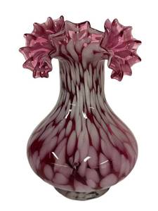 E2 - Vintage Fenton Cranberry Glass Vase - 8in - Ruffled Top Bulb Body