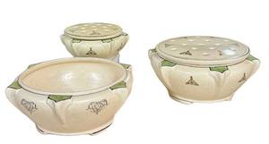 L3 - Antique Roseville 1910 Ceramic Design Flower Arrangers (Lot of 3) with Coordinating Bowl