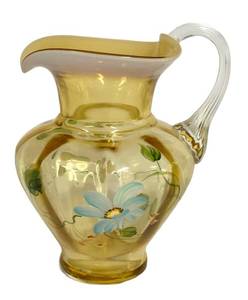 E2 - Fenton Hand-Painted Daisy Pitcher 7 Inches High - Amber Glass