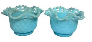 E2 - Fenton Glass Basket Weave Lattice Edge Vases - Pair, Turquoise