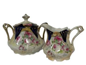 M2 - Antique Porcelain Sugar Caddy & Creamer - Floral Design, 5.5 Inches, Unmarked