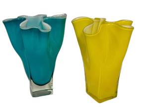 M2 - Hand Blown Art Glass Vases -Teal & Yellow