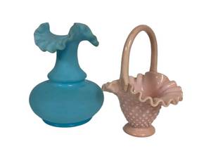 E2 - Fenton Hobnail Pink Basket & Blue Satin Glass Vase - Vintage, Light Wear