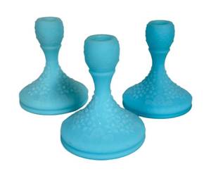 E3 - Fenton Blue Satin Glass Candle Holders (Lot of 3) - Vintage 1974-75