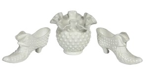 E3 - Vintage Fenton Milk Glass Hobnail Vase With Crimped Edge & Slippers
