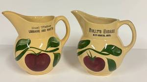 K5 - Watt Ware Pitchers with Advertising - Dollys Garage (New Auburn, MN) & Glencoe Hatchery