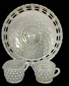E3 - Fenton Glass French Opalescent Hobnail Cream & Sugar Set & Basket Weave Bowl 8 in (circa 1942-1956 & 1930-36)