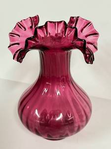 E3 - Vintage Fenton Cranberry Glass Vase 8 - Ruffled Edge
