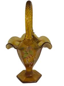C2 - Fenton Vintage Stretch Glass Amber Hand Painted Basket